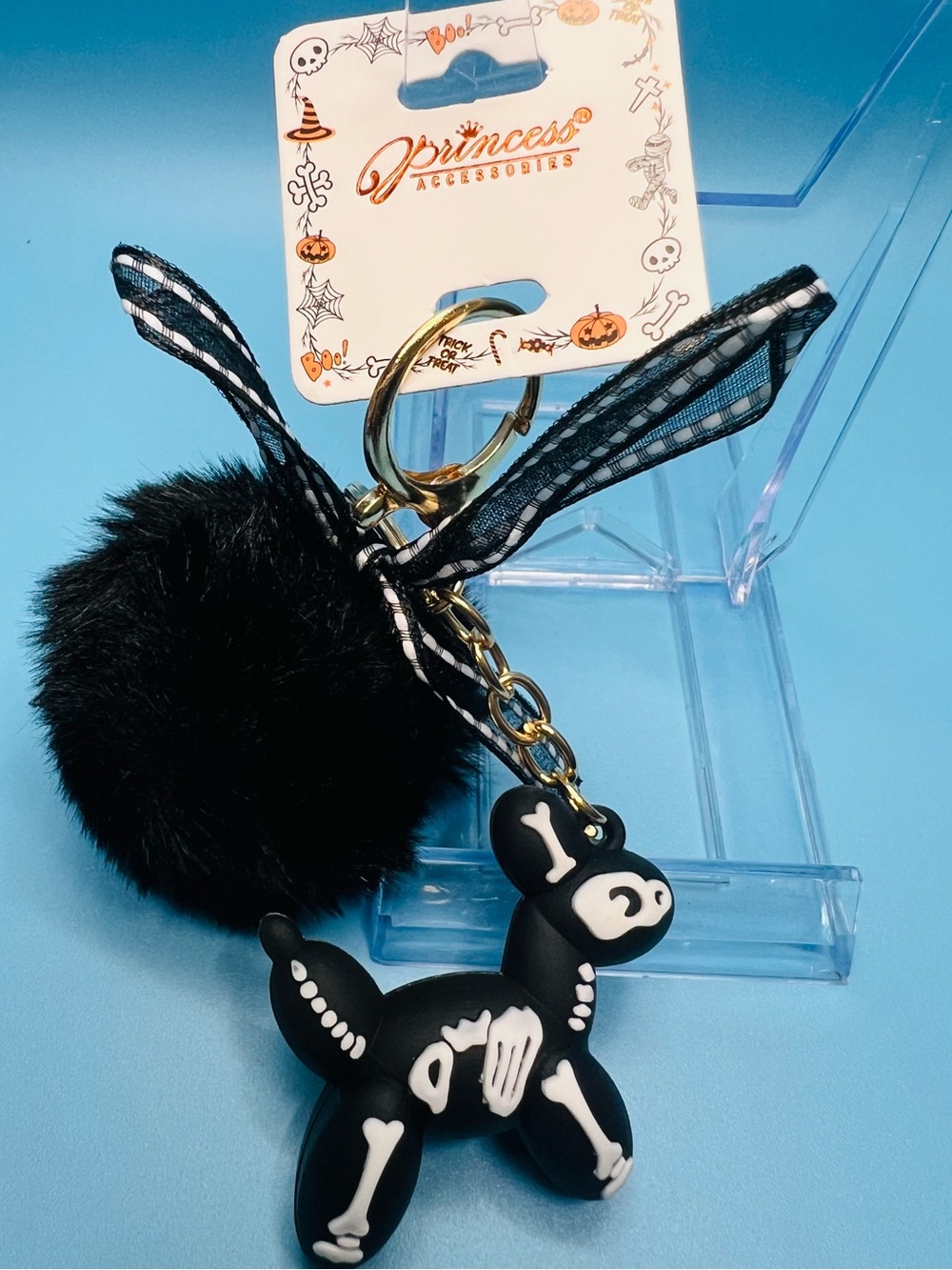 Princess Accessories Halloween Skeleton Balloon Dog Pom Pom Keychain NWT - Picture 3 of 4
